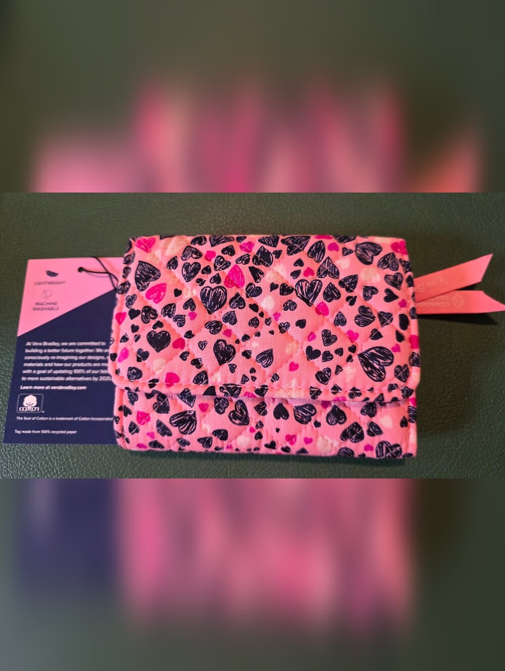 NWT Vera Bradley RFID Riley Love You Lots compact wallet, Pink/black